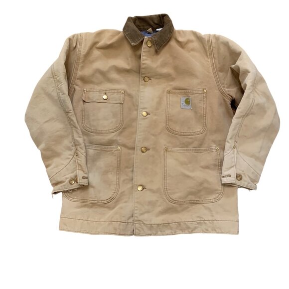 Vintage Carhartt Beige Chore Coat Corduroy Collar & Brass Buttons Sz 40 Oil Rig - Picture 8 of 11